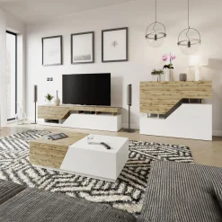 Mobile porta TV 200x47h cm design moderno rovere bianco Modesta
