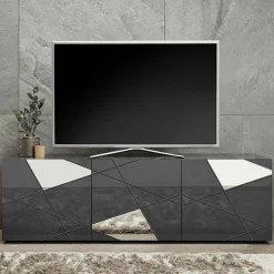 Mobile porta TV 181x57h cm grigio lucido specchio con serigrafia Olimpo