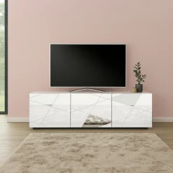 Mobile porta TV 181x57h cm moderno specchio con serigrafia bianco lucido Silea