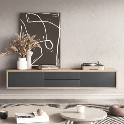 Mobile TV soggiorno sospeso 180x32h cm 2 ante a ribalta 2 cassetti  antracite rovere Glem