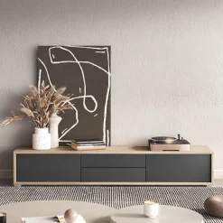Mobile TV soggiorno sospeso 180x32h cm 2 ante a ribalta 2 cassetti  antracite rovere Glem