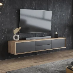 Mobile TV soggiorno sospeso 180x32h cm 2 ante a ribalta 2 cassetti  antracite rovere Glem