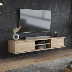 Mobile TV soggiorno sospeso 180x32h cm 2 ante a ribalta 2 vani rovere Glem