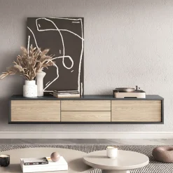 Mobile TV soggiorno sospeso 180x32h cm 2 ante a ribalta 2 cassetti  rovere grigio Glem
