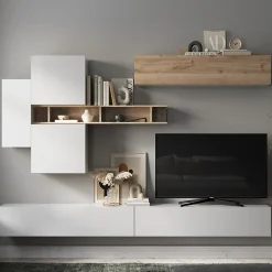 Parete attrezzata sospesa 276x190h cm moderna bianco lucido rovere chiaro Sunset 44
