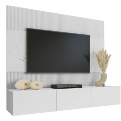 Parete attrezzata sospesa 180x150h cm 3 ante bianco cannettato effetto marmo Ilaria