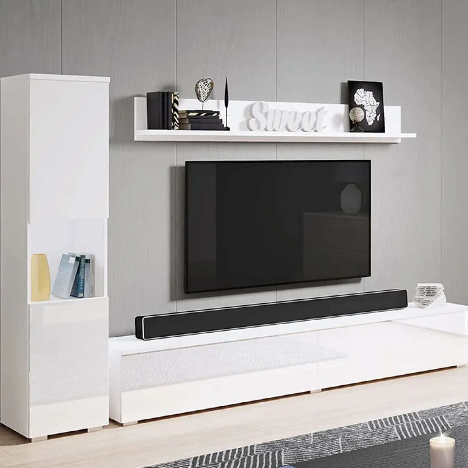 Parete attrezzata sospesa 210x130h cm bianco lucido Lamia