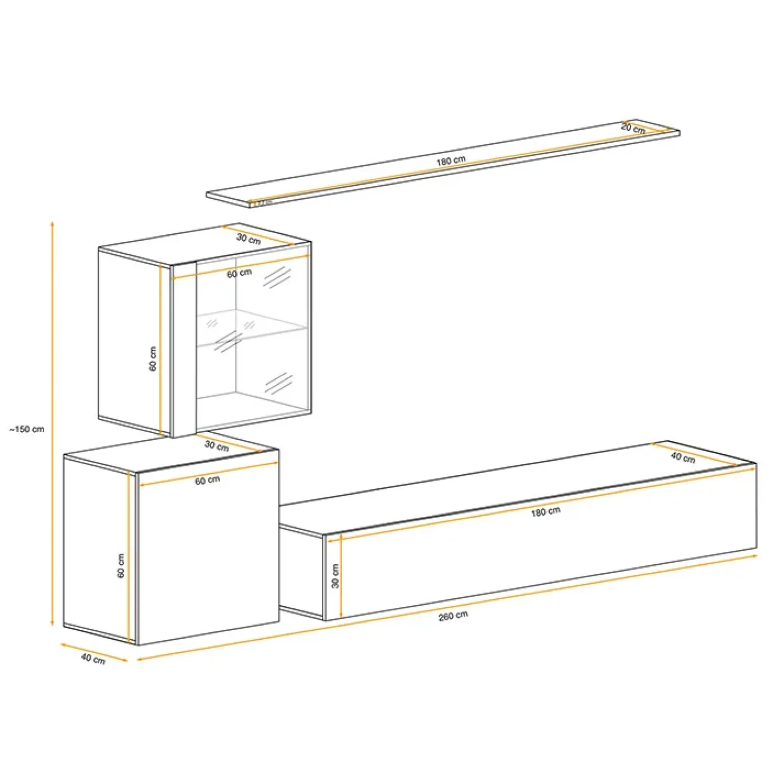 Parete attrezzata sospesa 250x150h cm moderna bianco nero lucido Geo 13