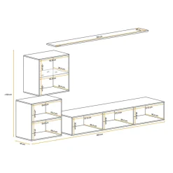 Parete attrezzata sospesa 250x150h cm moderna bianco nero lucido Geo 13