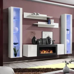 Parete attrezzata sospesa 260x170h cm  con biocamino e vetrine intere bianco lucido M Gihome®
