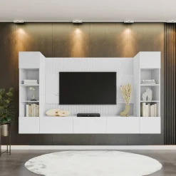 Parete attrezzata sospesa 260x150h cm con colonne bianco cannettato effetto marmo Ilaria