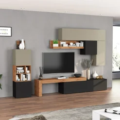Parete attrezzata 350x200h cm antracite tortora rovere Block 1
