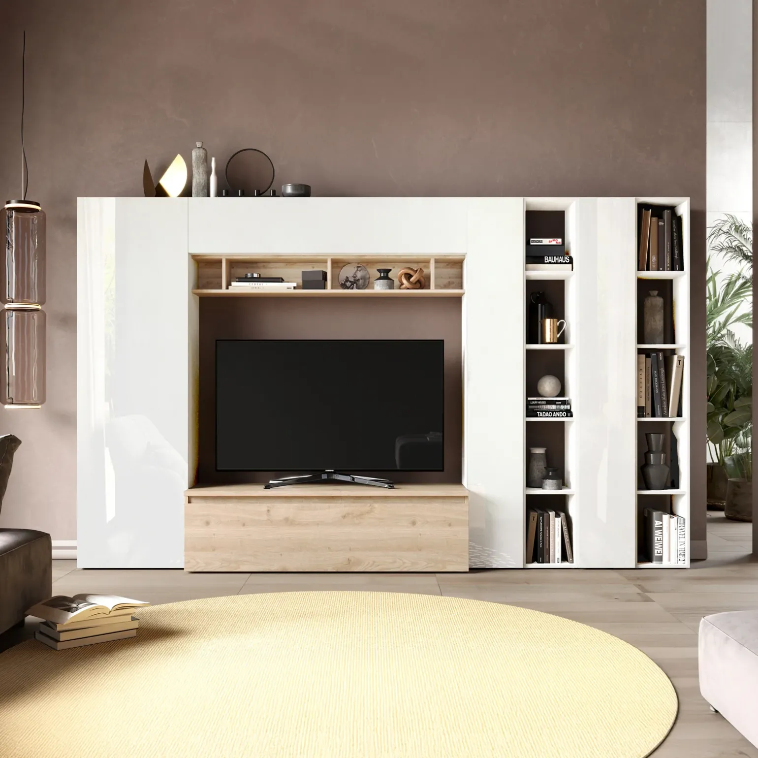 Parete attrezzata 305x186h cm bianco lucido rovere chiaro Sunset 36
