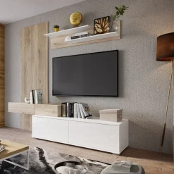 Parete attrezzata 205x200h cm bianco lucido con pannello cannettato rovere Rovella