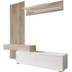 Parete attrezzata 205x200h cm bianco lucido con pannello cannettato rovere Rovella