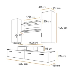 Parete attrezzata 200x225h cm bianco nero lucido Orlando Gihome®
