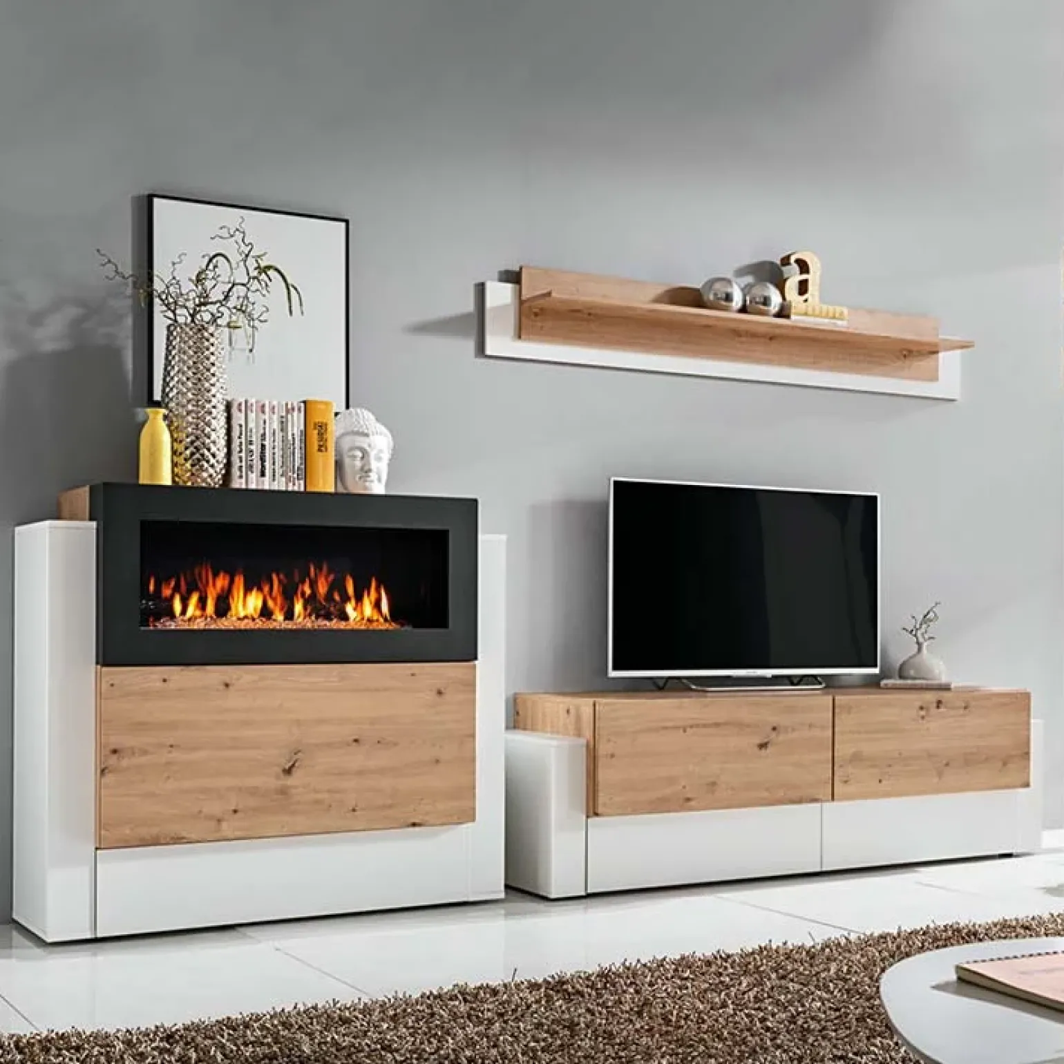 Parete attrezzata 290x175h cm con biocamino bianco rovere Arcadia Gihome®