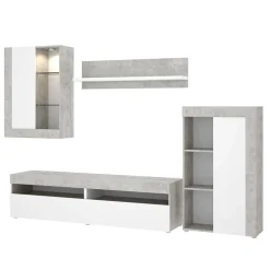 Parete attrezzata 254x294h cm moderna bianco opaco cemento Freddy