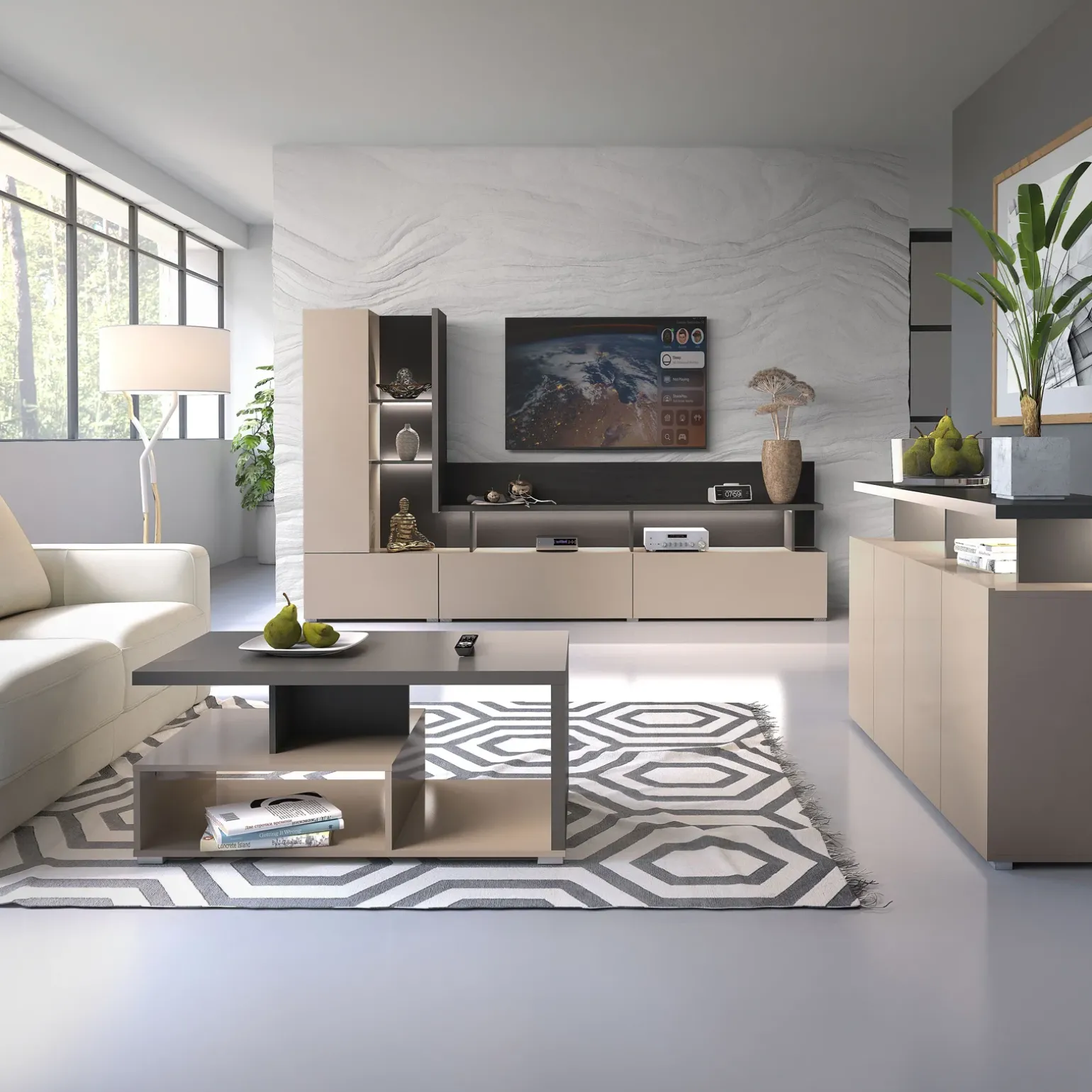 Parete attrezzata 325x180h cm moderna con vetrina beige grigio Matt