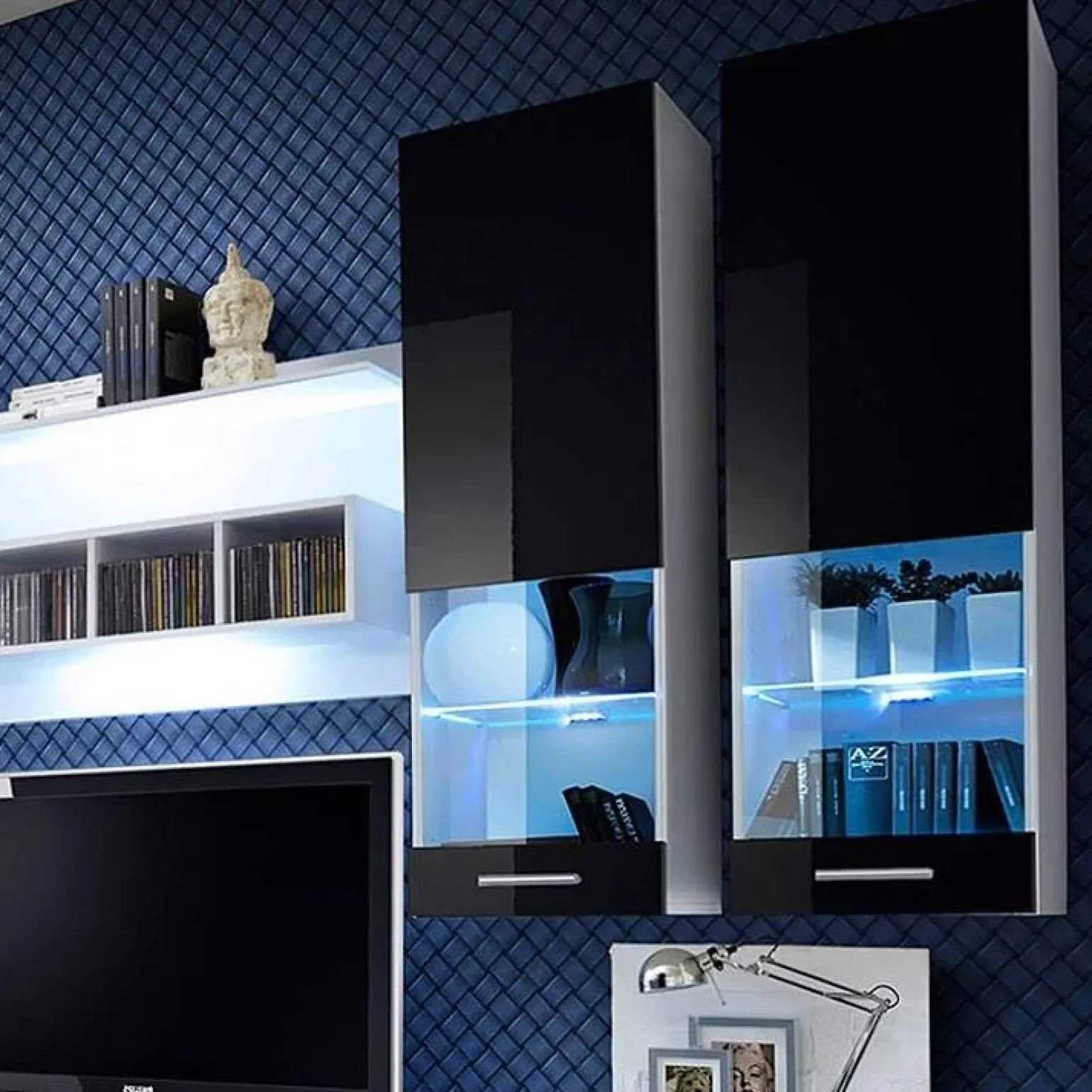 Parete attrezzata 300x190h cm moderna bianco opaco nero lucido Baltimora Gihome®