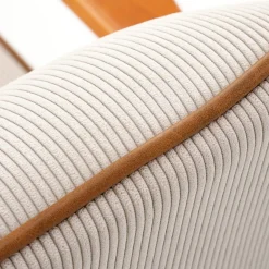 Poltrona moderna design in stoffa beige chiaro e gambe legno noce chiaro Bled