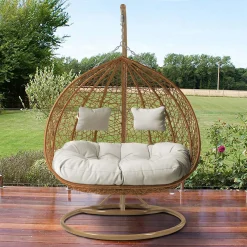 Poltrona sospesa 2 posti da giardino 120x200h cm marrone con cuscino beige Ibisco