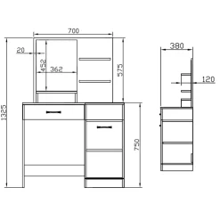 Scrivania moderna con specchio 90x38cm rovere bianco lucido Cesare
