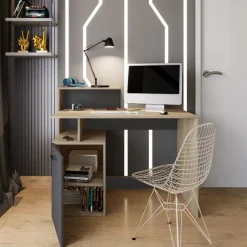 Scrivania ufficio 110x95cm con mobile contenitore grigio rovere chiaro Aldeia