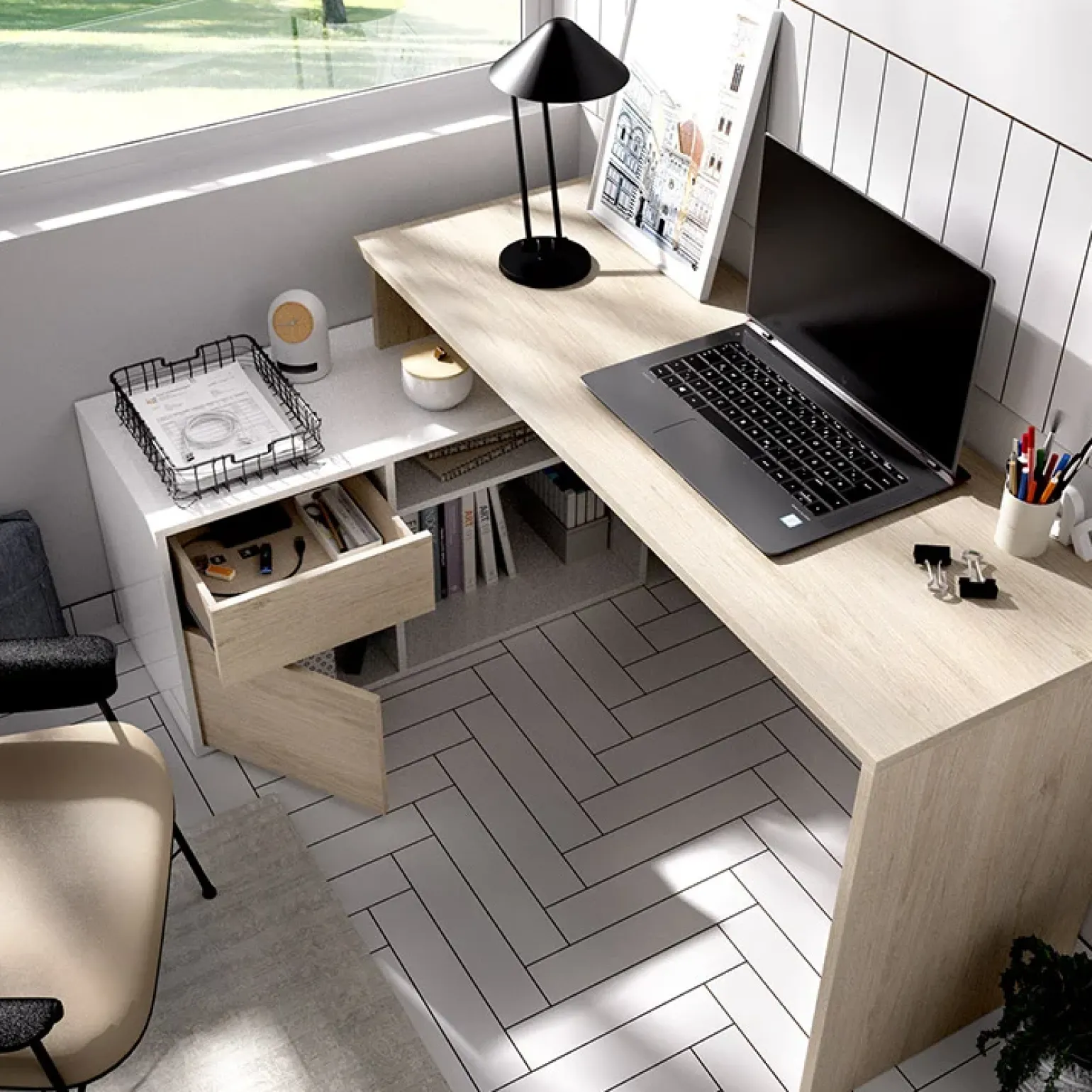 Scrivania 139x92cm ufficio angolare bianco lucido rovere Teddy