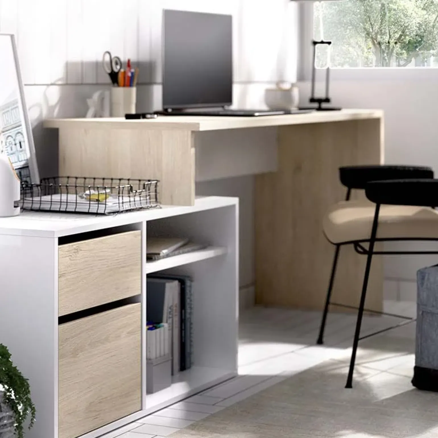 Scrivania 139x92cm ufficio angolare bianco lucido rovere Teddy