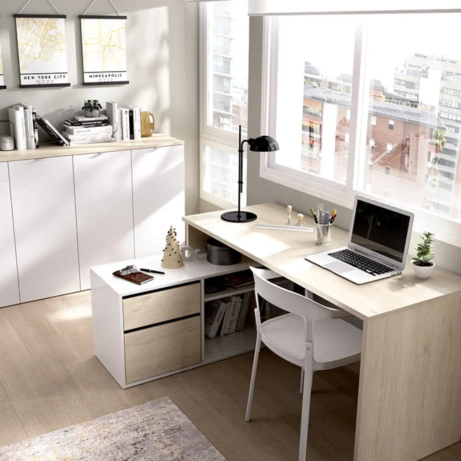 Scrivania 139x92cm ufficio angolare bianco lucido rovere Teddy