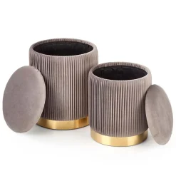 Set 2 pouf rotondi contenitore in velluto acciaio cromato oro Cubal
