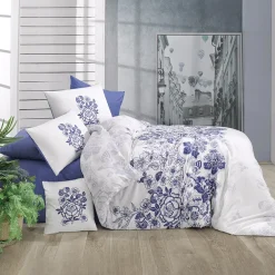 Set copripiumino singolo e federa 140x200cm floreale bianco blu Gordi