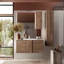 Specchiera 100x110cm bagno con led e pensile rovere Alvarez