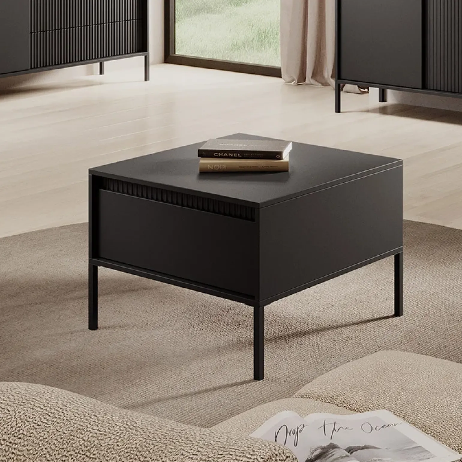 Tavolino da salotto 68x49cm 1 cassetto nero opaco cannettato Ciar