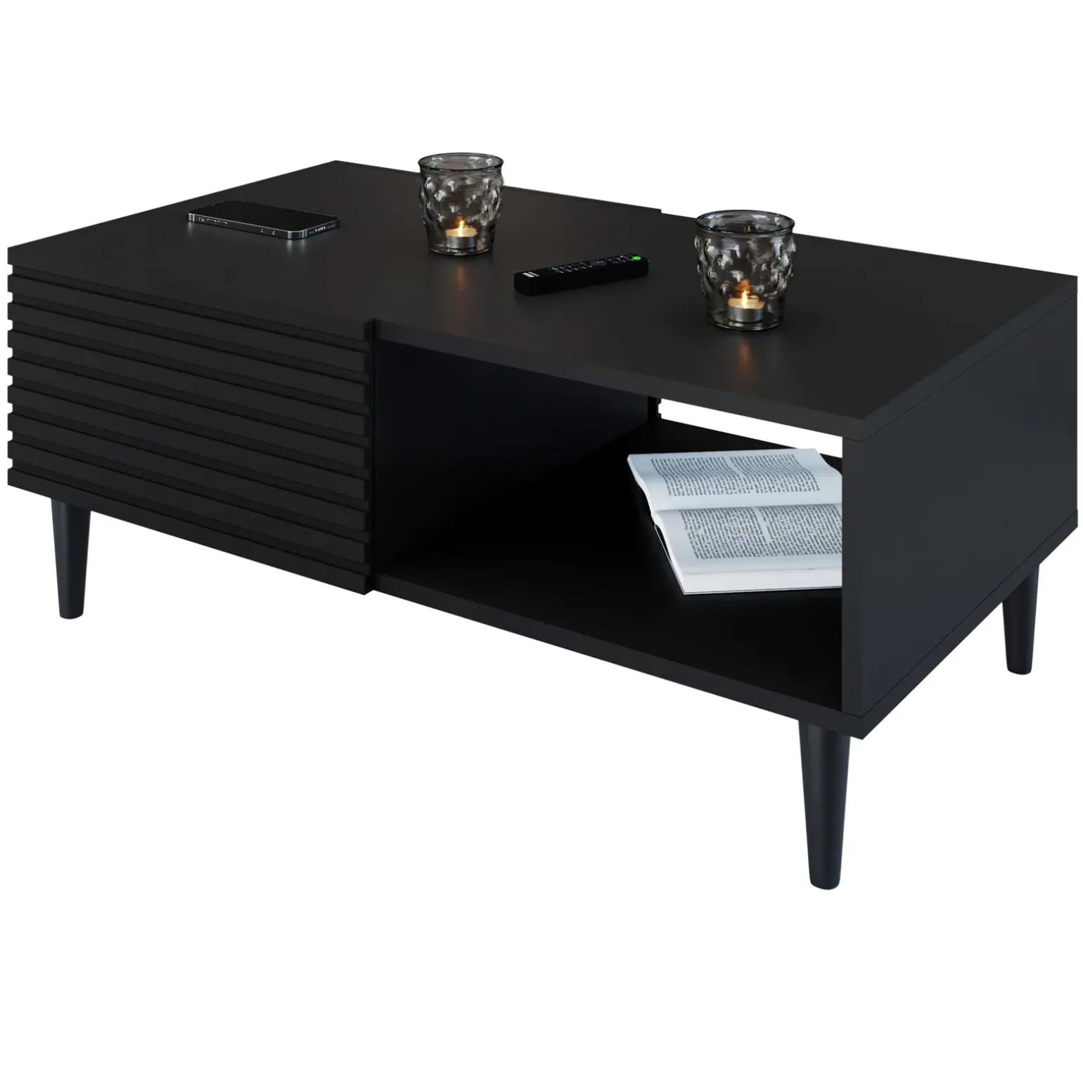 Tavolino da salotto 100x52cm 2 ante moderno nero Flippo