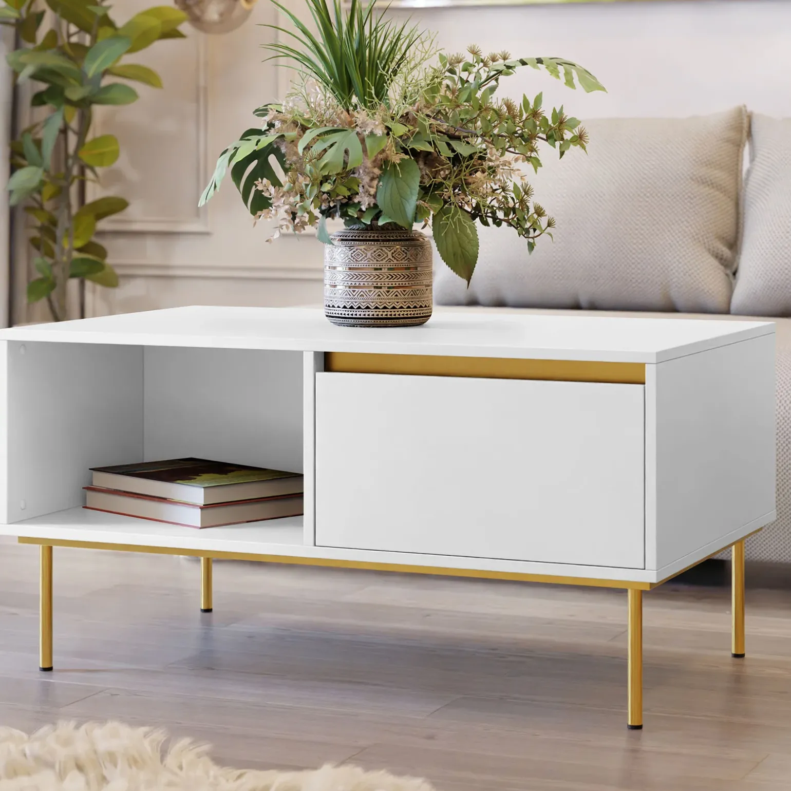 Tavolino da salotto 100x50cm 1 anta bianco oro Praga