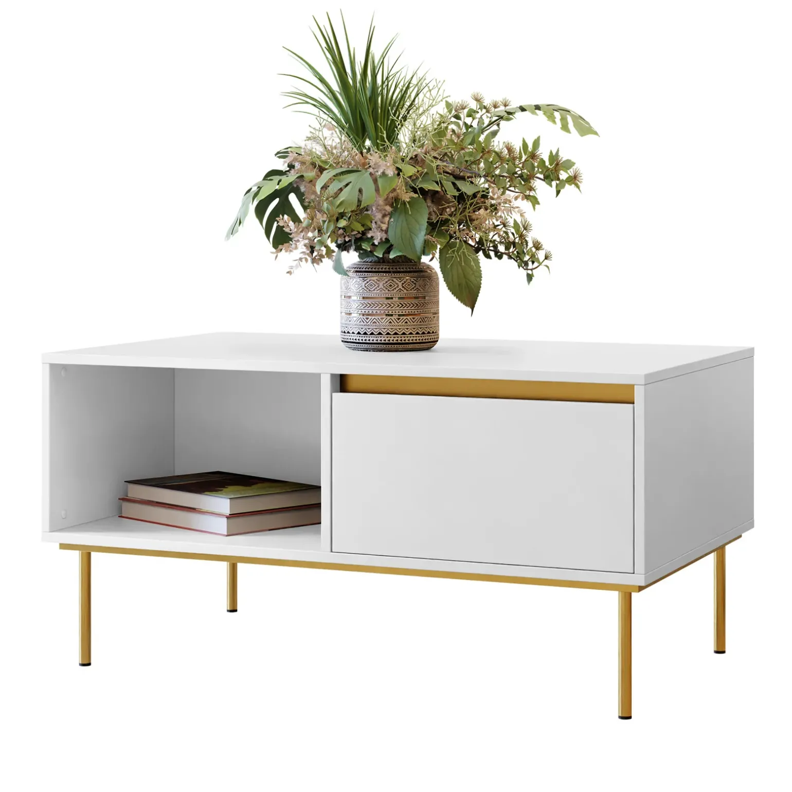 Tavolino da salotto 100x50cm 1 anta bianco oro Praga