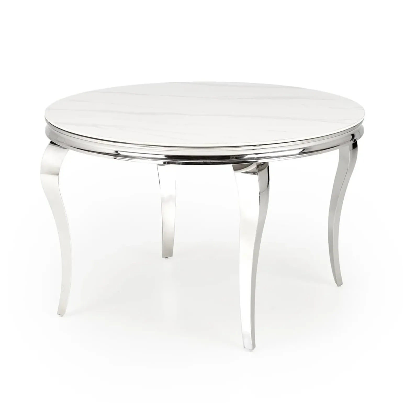 Tavolo da pranzo rotondo 120cm effetto marmo bianco cromato argento Selim