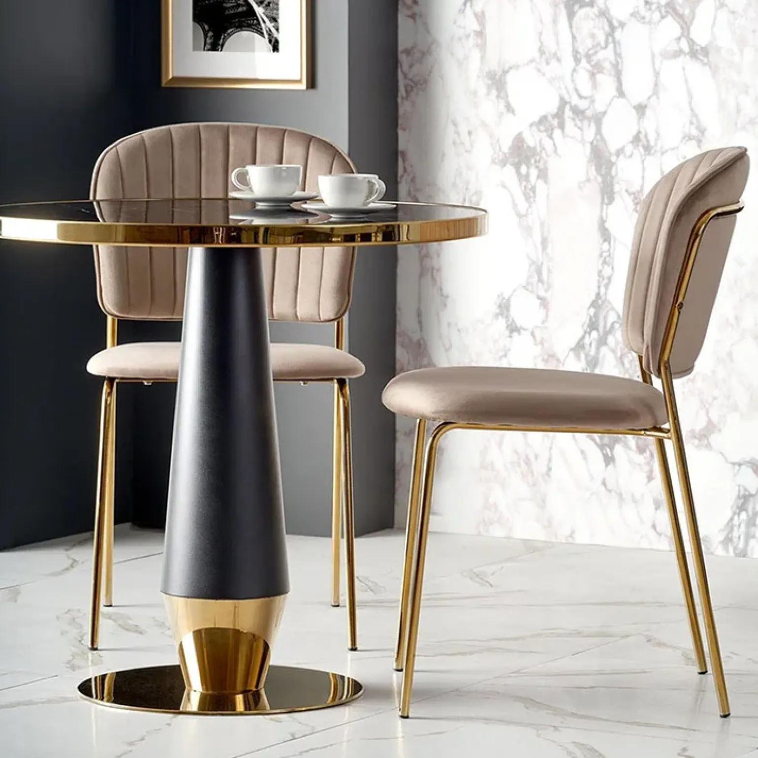 Tavolo rotondo moderno 59x74cm marmo nero oro Lugana