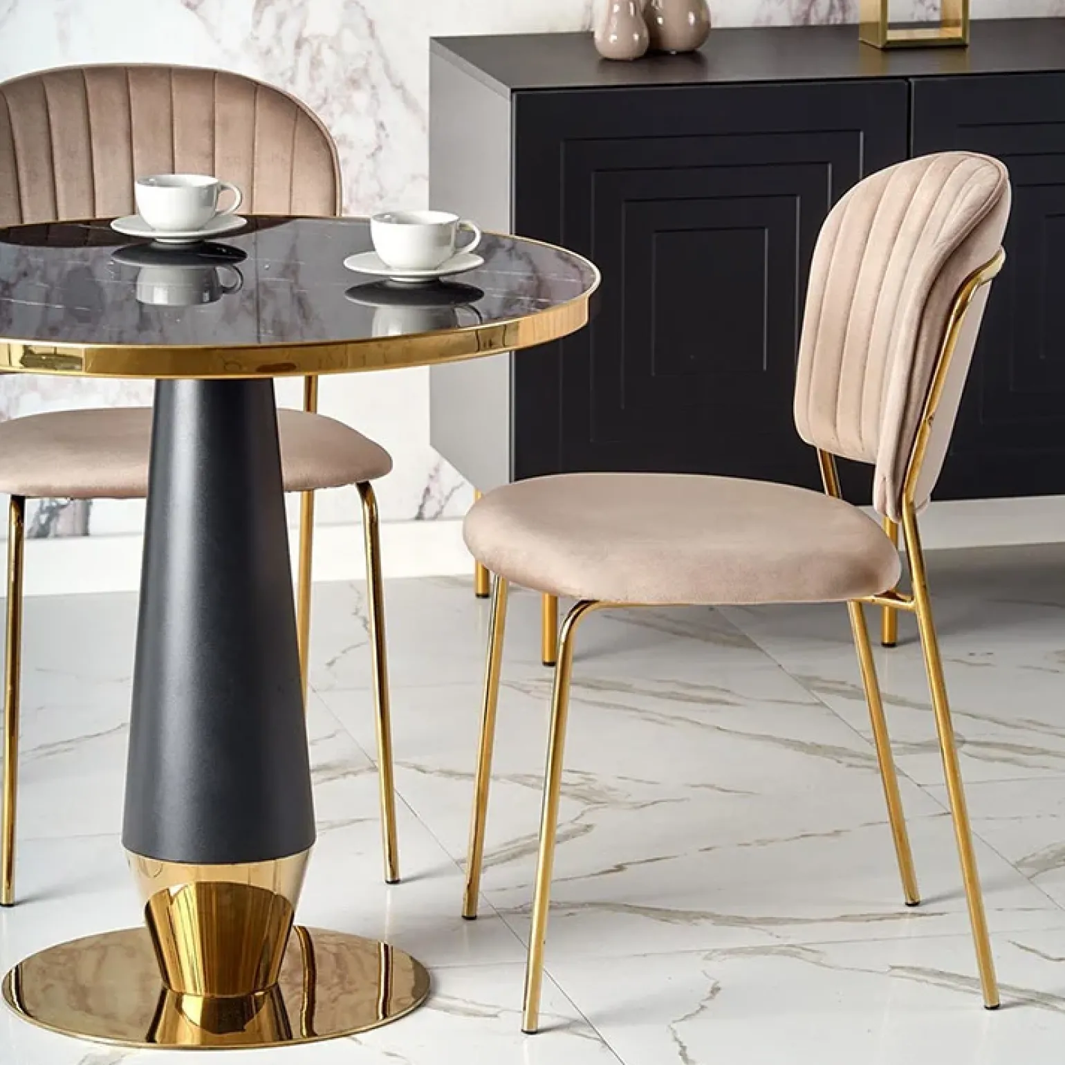Tavolo rotondo moderno 59x74cm marmo nero oro Lugana
