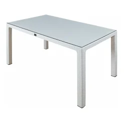 Tavolo 150x90cm da giardino esterno bar dehors polipropilene effetto rattan bianco e vetro Ezio