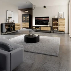Vetrina alta 100x189h cm 4 ante con led nero opaco rovere Amel