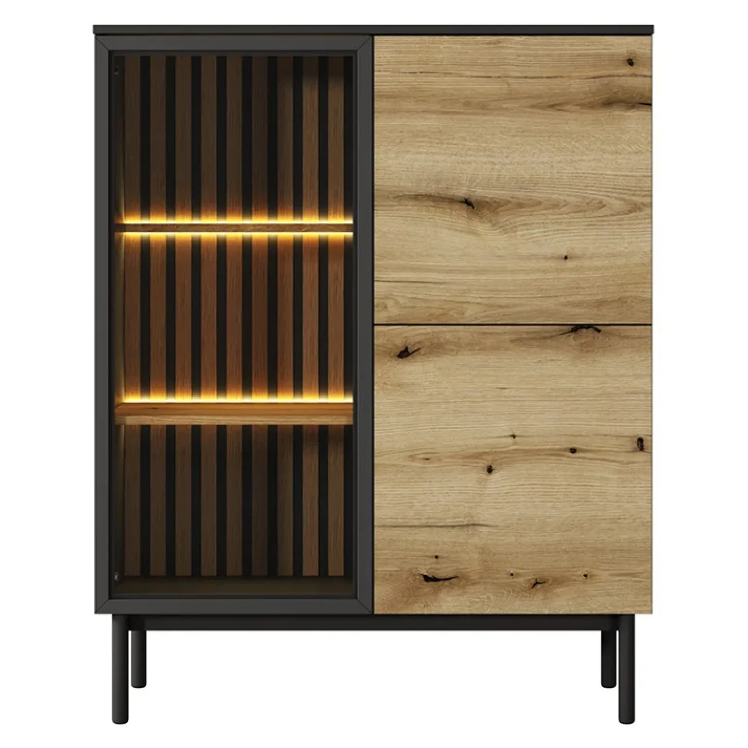 Vetrina bassa 100x126h cm 3 ante con led nero opaco rovere Amel