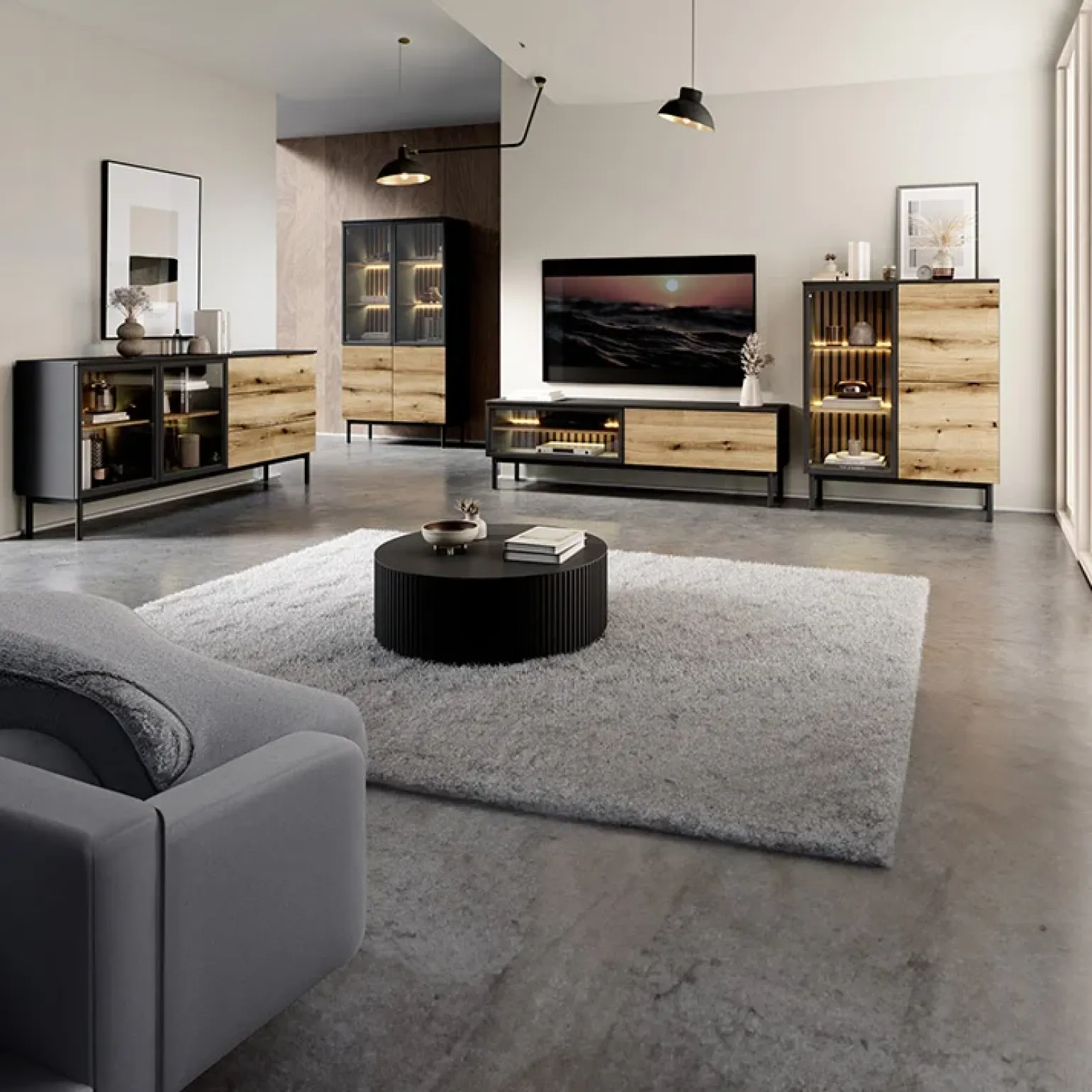 Vetrina bassa 100x126h cm 3 ante con led nero opaco rovere Amel