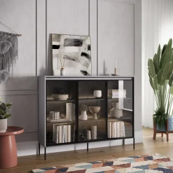 Vetrina bassa 150x118h cm 3 ante led grigio nero Camelia