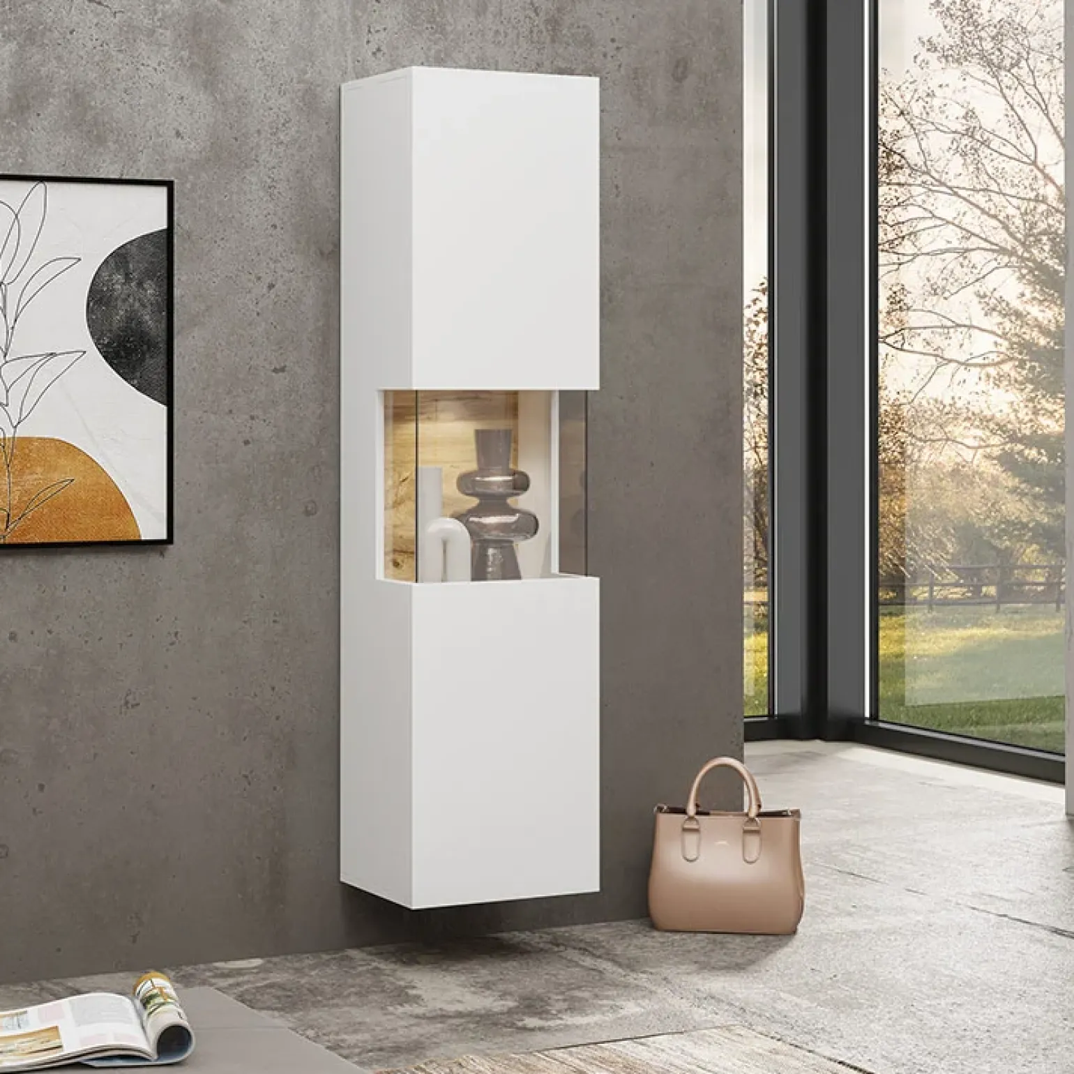 Vetrina sospesa 36x140h cm da parete bianco rovere Fusion