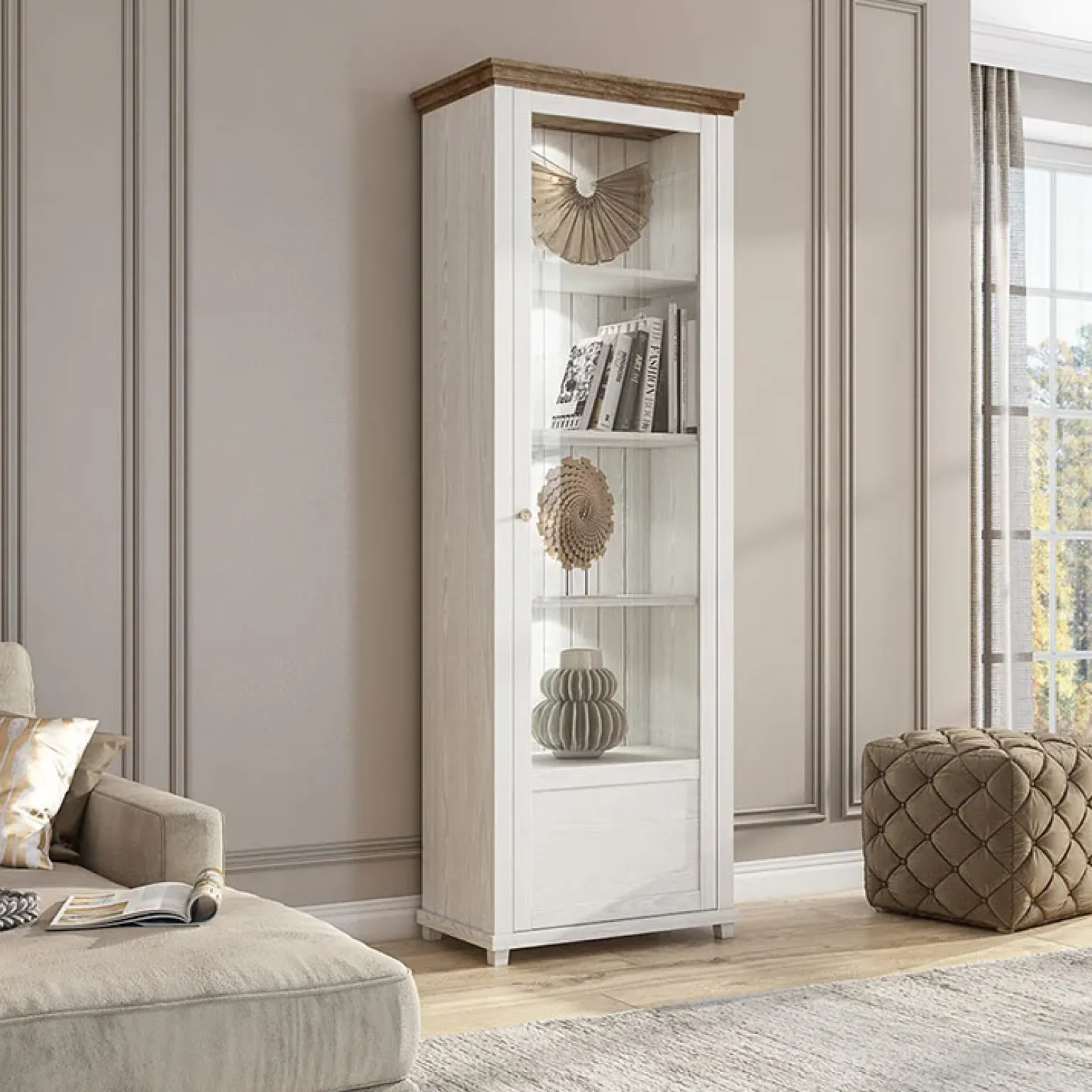 Vetrina 71x200h cm 1 anta destra bianco frassinato rovere Texel