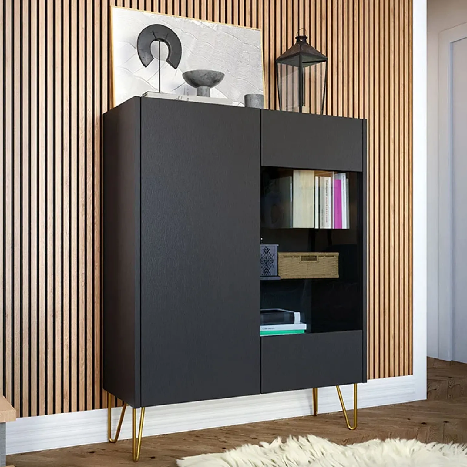 Vetrinetta 97x122h cm 2 ante moderna grafite marmo nero Visby